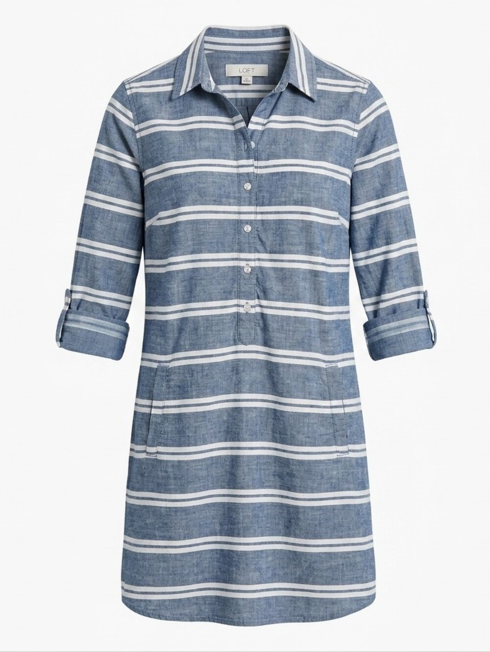 LOFT Chambray Shirt Dress Size 8 Blue Striped 100% Cotton Roll Tab Pockets